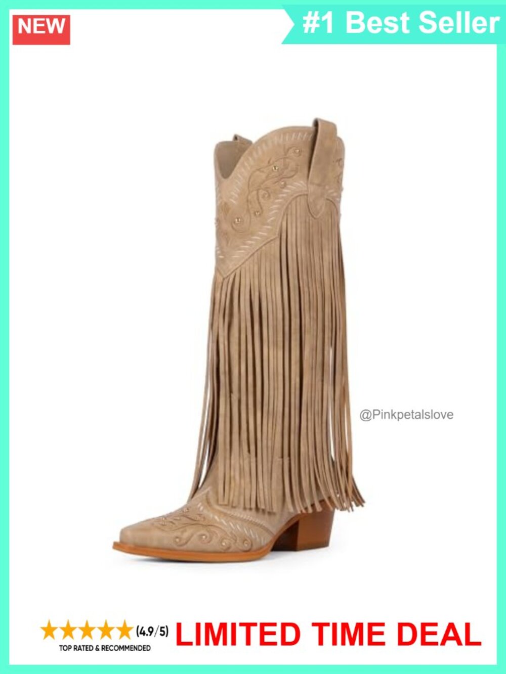 Fringe Cowboy Boots Knee High Pointed Toe Chunky Heel Western